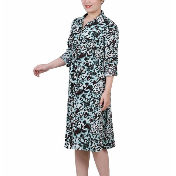 NY Collection Aqua Animal Printed Long Sleeve Roll Tab Shirtdress PL NWT - Picture 3 of 4